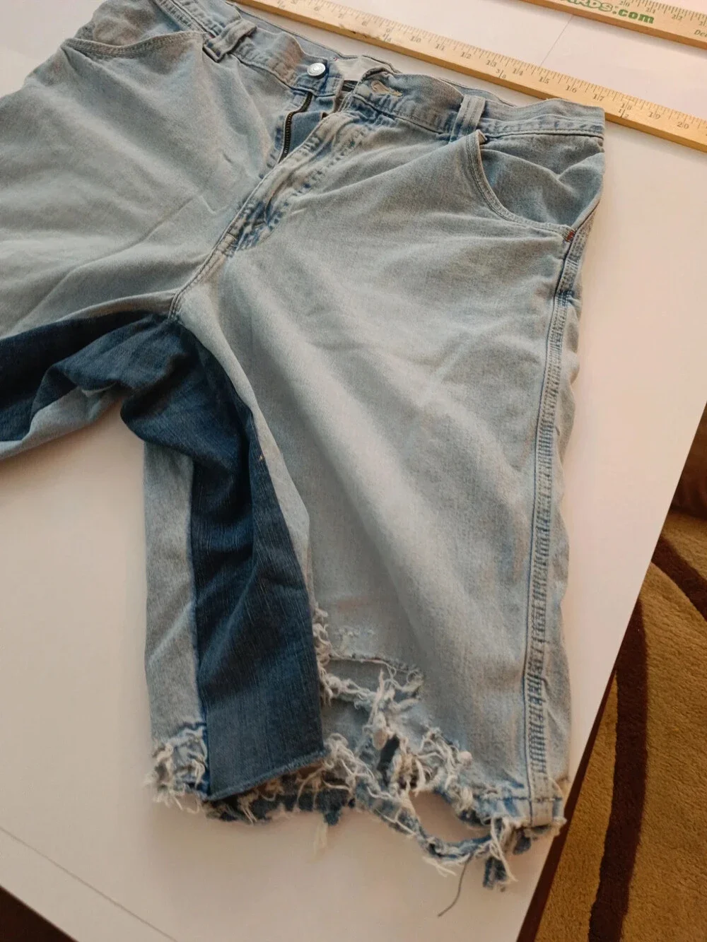 Custom Levi's Jort's distressed + panneled + ribbons 